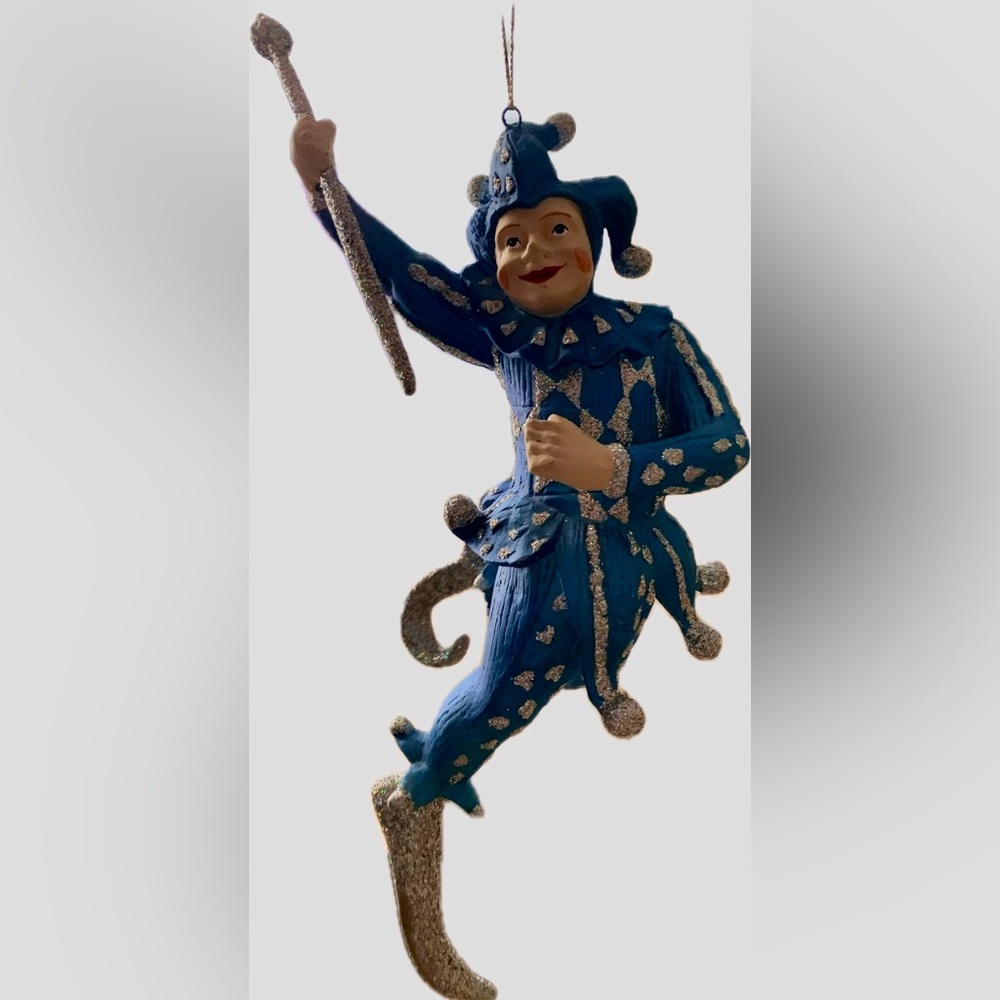 Blue & Silver Commedia Dell Arte Wooden Jester Figure Ornament Italy Italian
